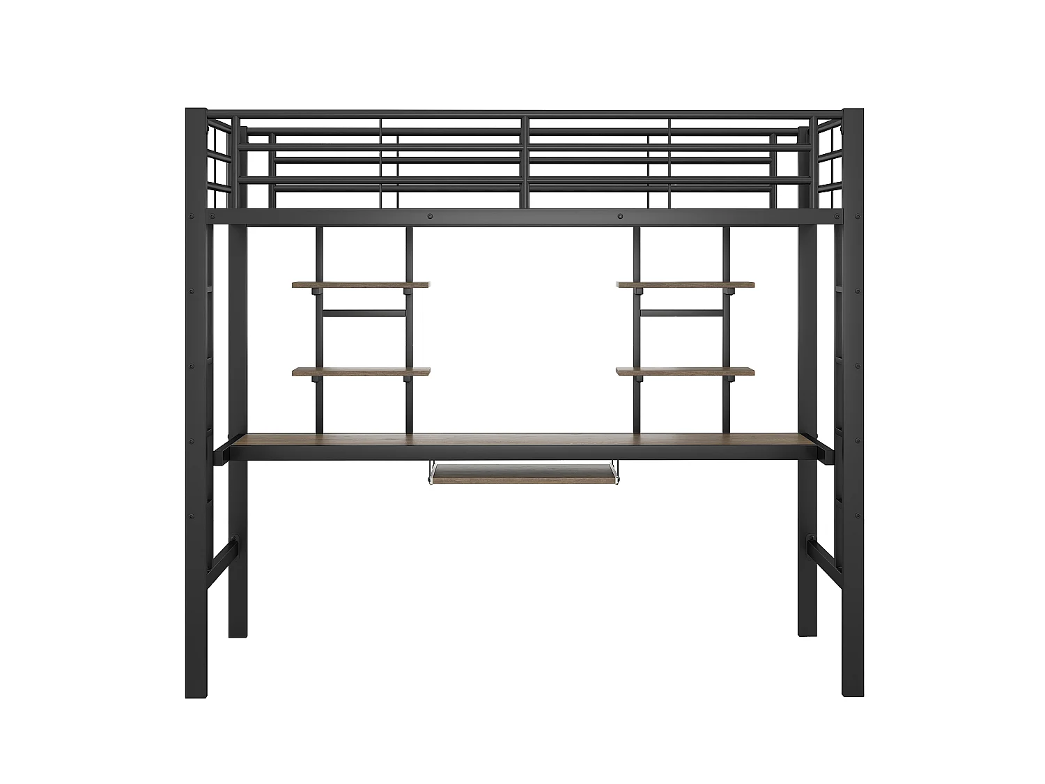 URBAN MEUBLE Lit mezzanine métallique noir avec bureau et deux étagères pour adolescents et adultes 90x200cm