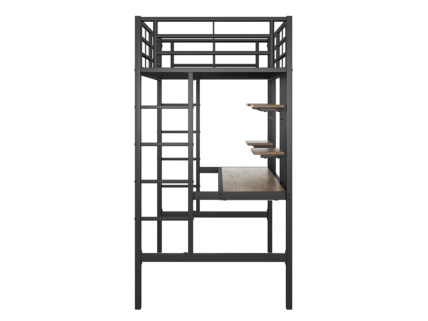URBAN MEUBLE Lit mezzanine métallique noir avec bureau et deux étagères pour adolescents et adultes 90x200cm