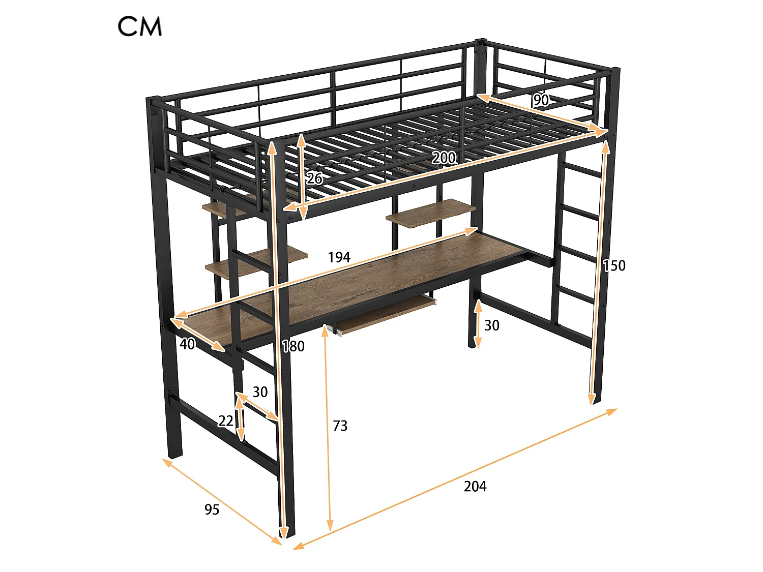 URBAN MEUBLE Lit mezzanine métallique noir avec bureau et deux étagères pour adolescents et adultes 90x200cm