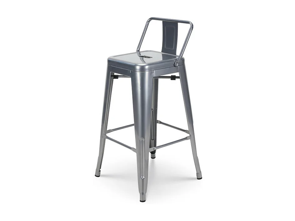 Lot de 4 tabourets de bar en métal gris argenté aspect brillant style industriel - Avec dossier - Hauteur 66cm