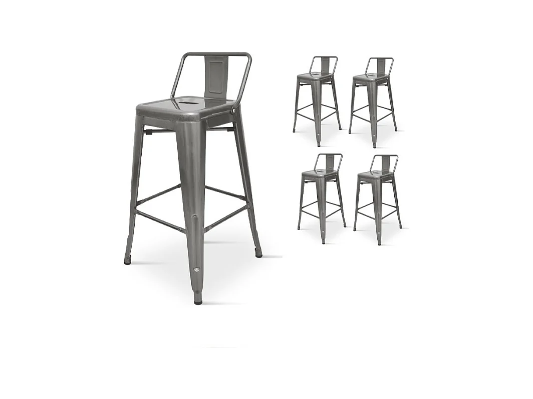 Lot de 4 tabourets de bar en métal brut aspect galvanisé style industriel - Avec dossier - Hauteur 76 cm