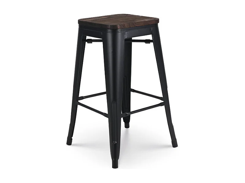 Tabouret de bar en métal noir mat style industriel et assise en bois foncé - Hauteur 66 cm