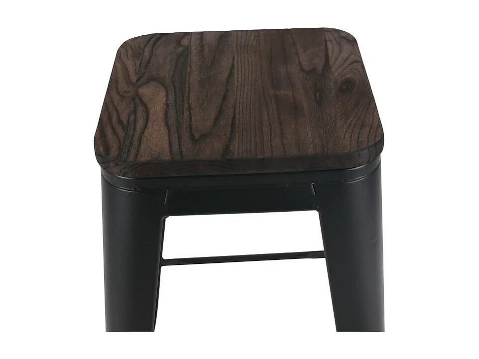 Tabouret de bar en métal noir mat style industriel et assise en bois foncé - Hauteur 66 cm
