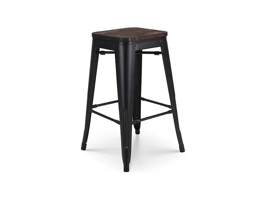 Tabouret de bar en métal noir mat style industriel et assise en bois foncé - Hauteur 66 cm