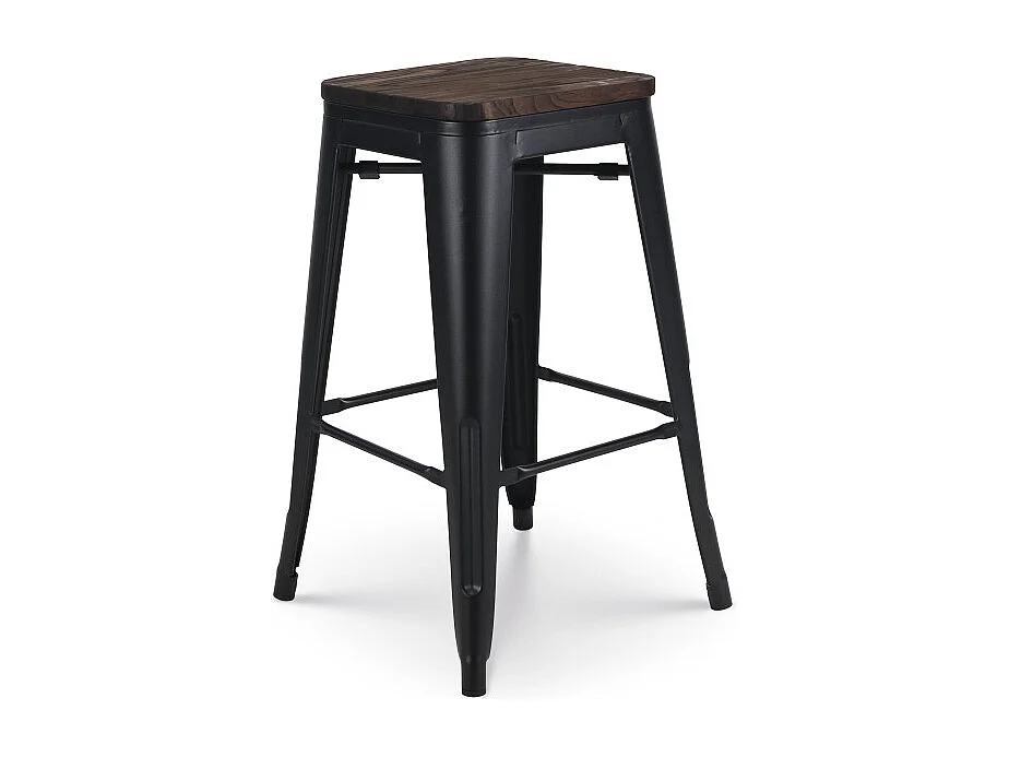 Tabouret de bar en métal noir mat style industriel et assise en bois foncé - Hauteur 66 cm