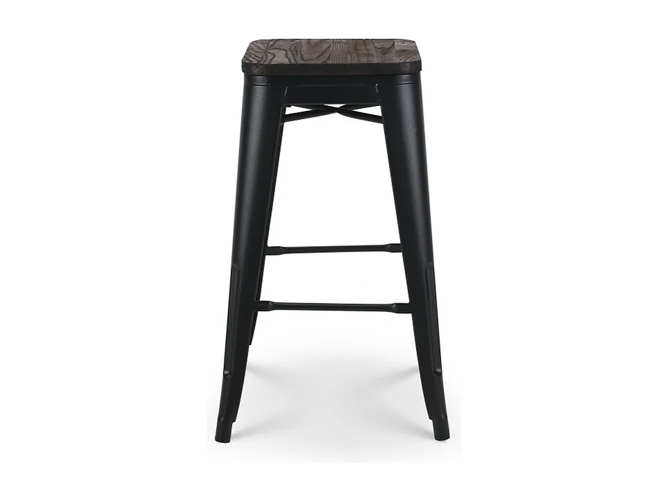 Tabouret de bar en métal noir mat style industriel et assise en bois foncé - Hauteur 66 cm