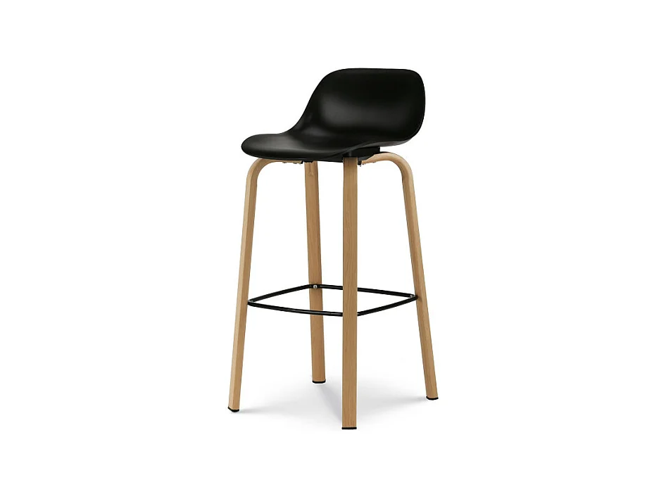 Tabouret de bar noir style scandinave avec pieds effet bois en métal - Hauteur 66cm