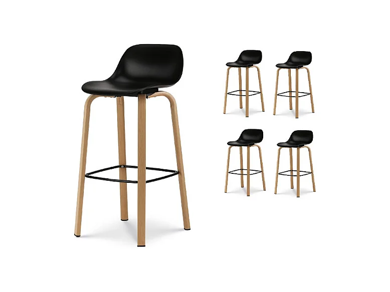 Lot de 4 tabourets de bar noir style scandinave avec pieds effet bois en métal - Hauteur 76cm