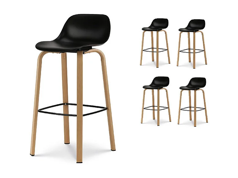 Lot de 4 tabourets de bar noir style scandinave avec pieds effet bois en métal - Hauteur 76cm