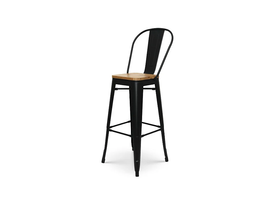 Tabouret de bar en métal noir mat style industriel avec dossier haut et assise en bois clair - Hauteur 76 cm