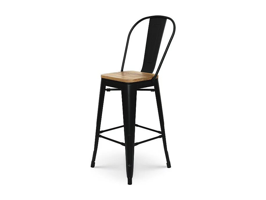 Tabouret de bar en métal noir mat style industriel avec dossier haut et assise en bois clair - Hauteur 66cm