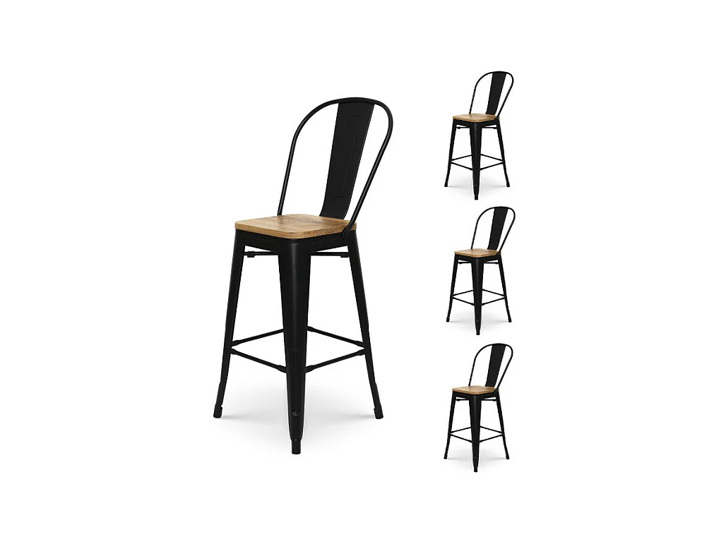 Tabouret de bar en métal noir mat style industriel avec dossier haut et assise en bois clair - Hauteur 66cm