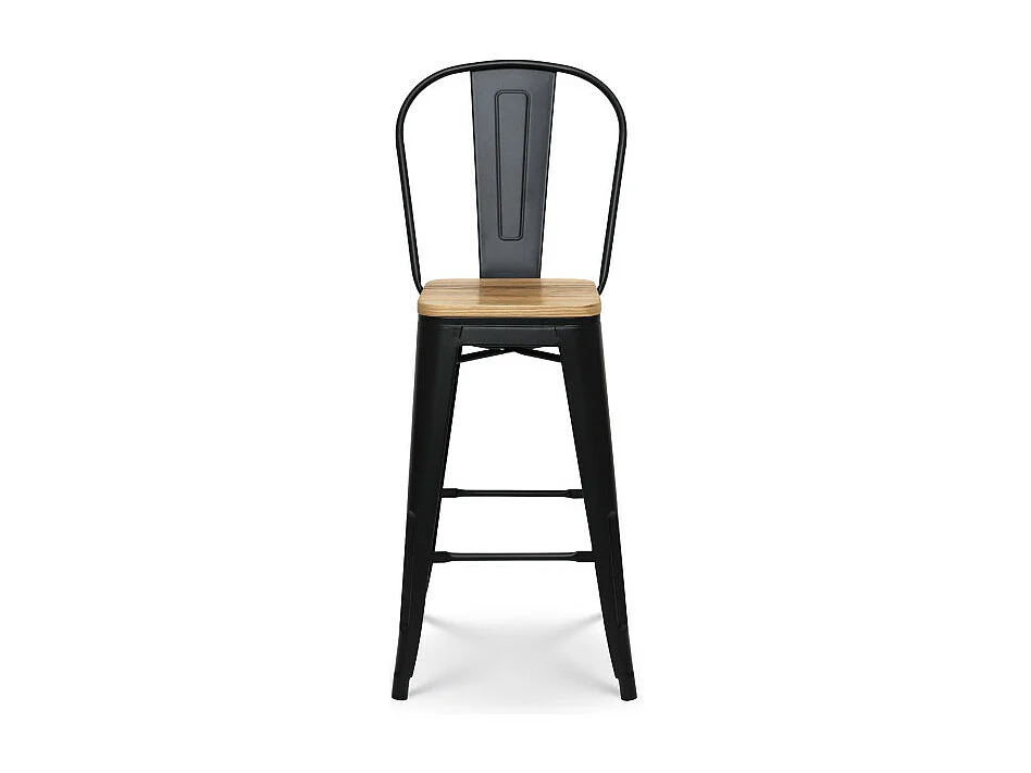 Tabouret de bar en métal noir mat style industriel avec dossier haut et assise en bois clair - Hauteur 66cm