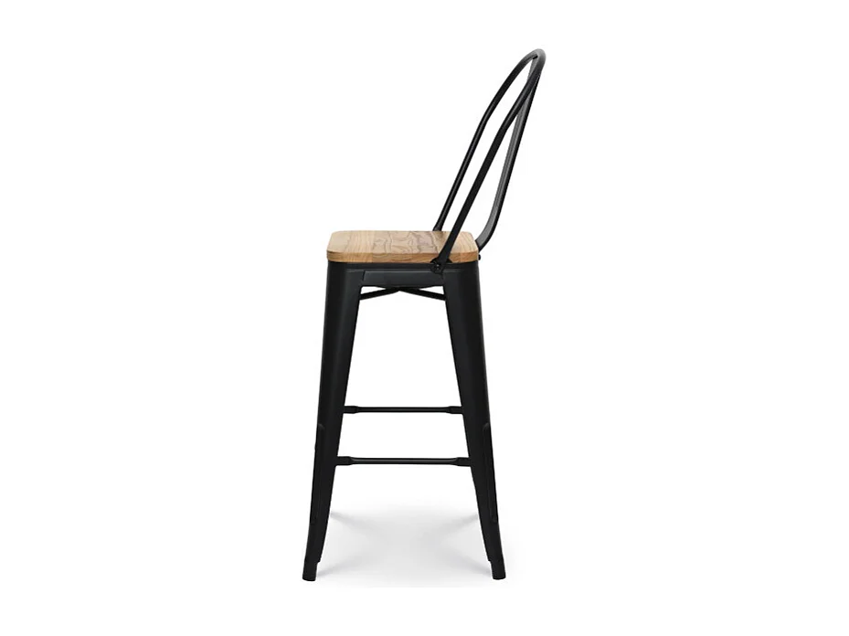 Tabouret de bar en métal noir mat style industriel avec dossier haut et assise en bois clair - Hauteur 66cm