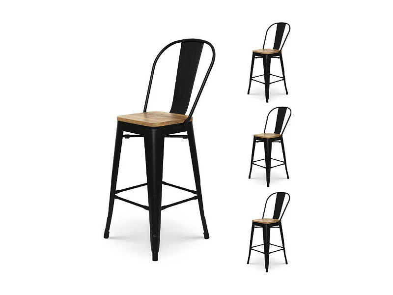 Tabouret de bar en métal noir mat style industriel avec dossier haut et assise en bois clair - Hauteur 66cm