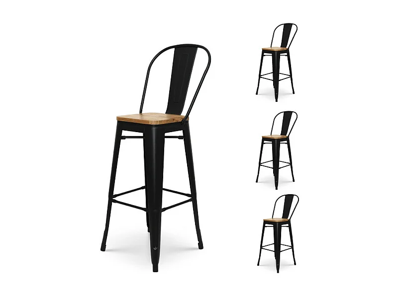 Lot de 4 tabourets de bar en métal noir mat style industriel avec dossier haut et assise en bois clair - Hauteur 76 cm