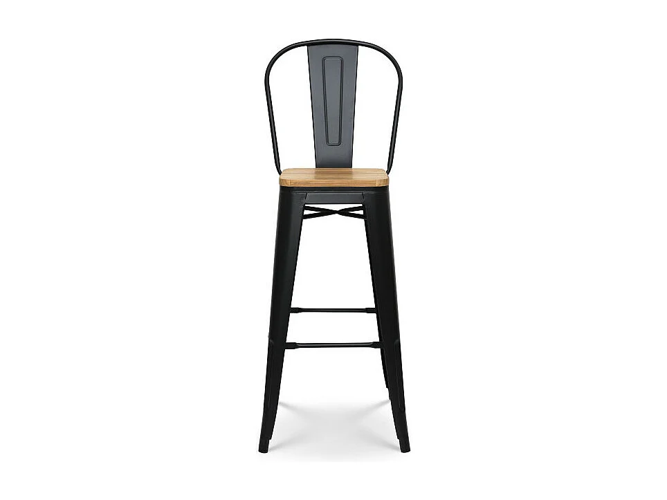 Lot de 4 tabourets de bar en métal noir mat style industriel avec dossier haut et assise en bois clair - Hauteur 76 cm