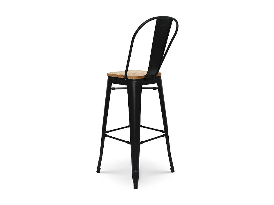 Lot de 4 tabourets de bar en métal noir mat style industriel avec dossier haut et assise en bois clair - Hauteur 76 cm