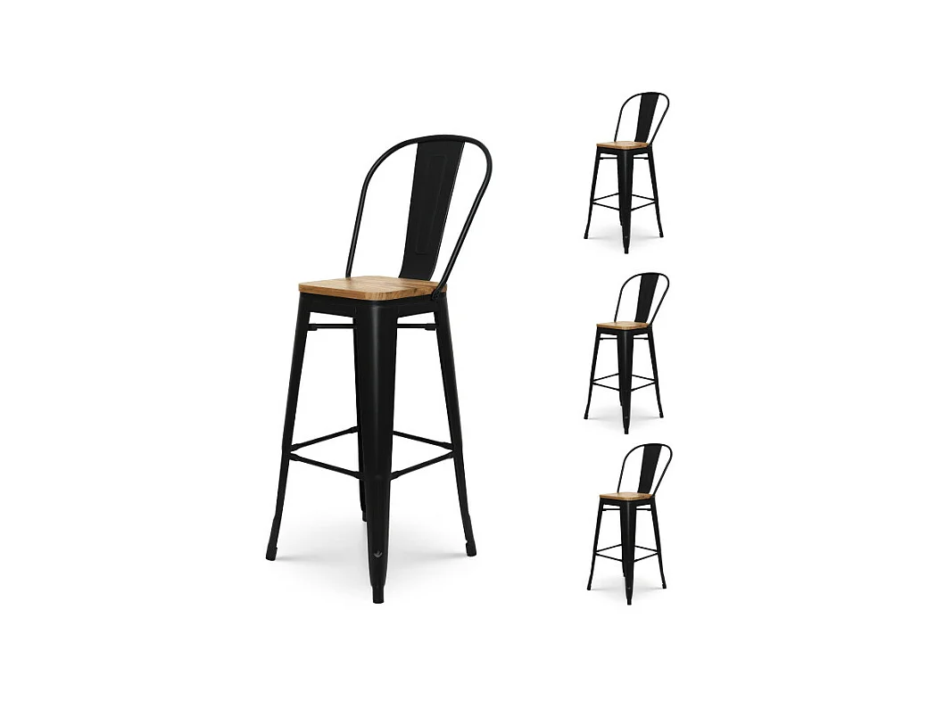 Lot de 4 tabourets de bar en métal noir mat style industriel avec dossier haut et assise en bois clair - Hauteur 76 cm