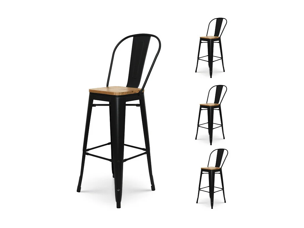 Lot de 4 tabourets de bar en métal noir mat style industriel avec dossier haut et assise en bois clair - Hauteur 76 cm