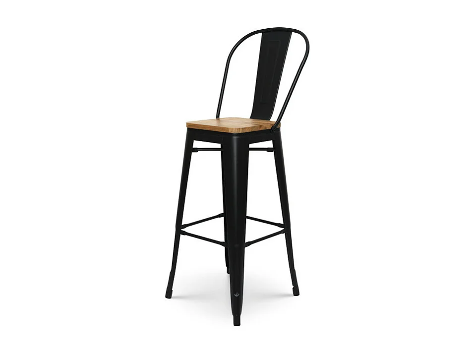 Lot de 4 tabourets de bar en métal noir mat style industriel avec dossier haut et assise en bois clair - Hauteur 76 cm