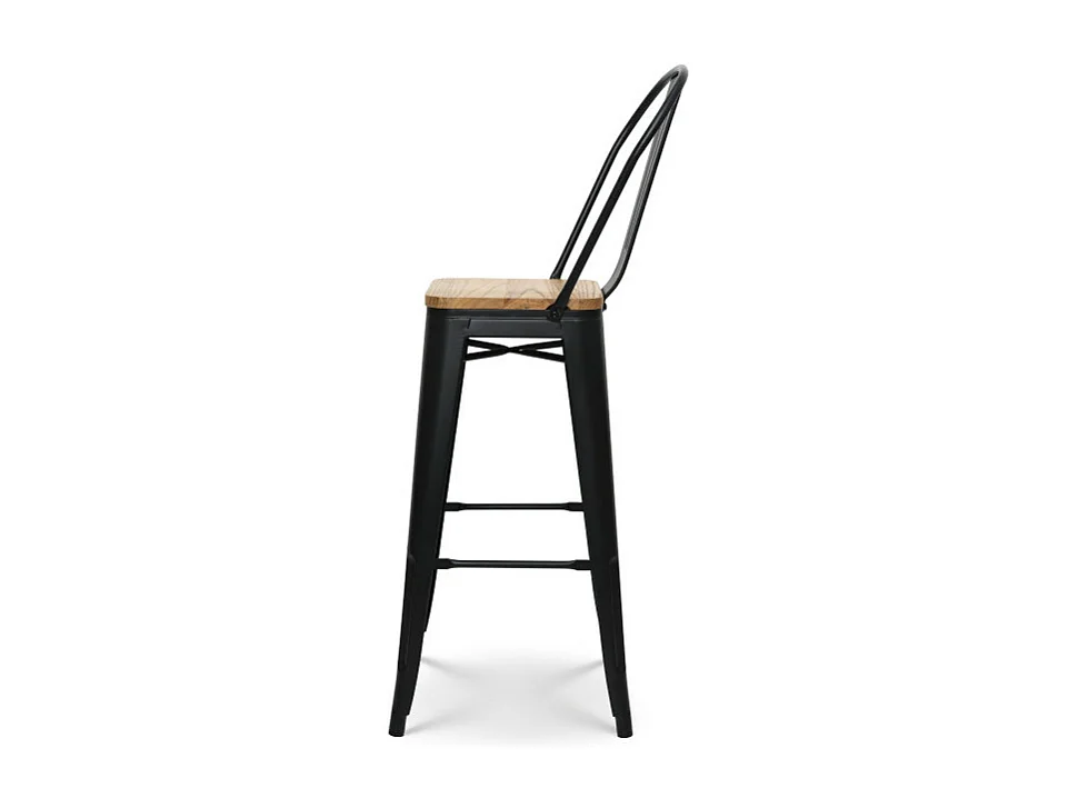 Lot de 4 tabourets de bar en métal noir mat style industriel avec dossier haut et assise en bois clair - Hauteur 76 cm