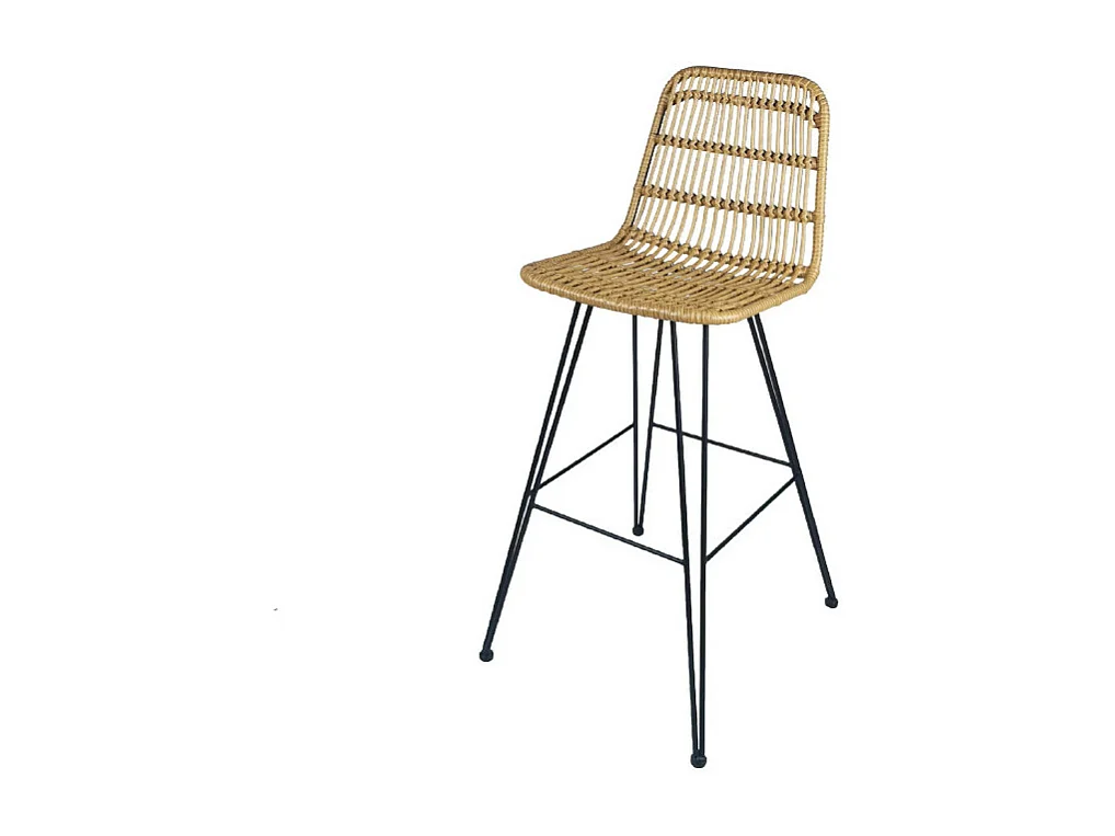 Tabouret de bar style nature aspect rotin en résine tressée et pieds en métal noir - Hauteur 63cm