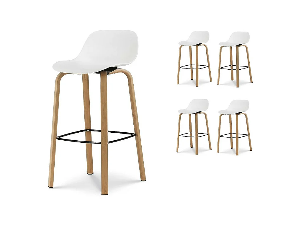 Lot de 4 tabourets de bar blancs style scandinave avec pieds effet bois en métal - Hauteur 66cm