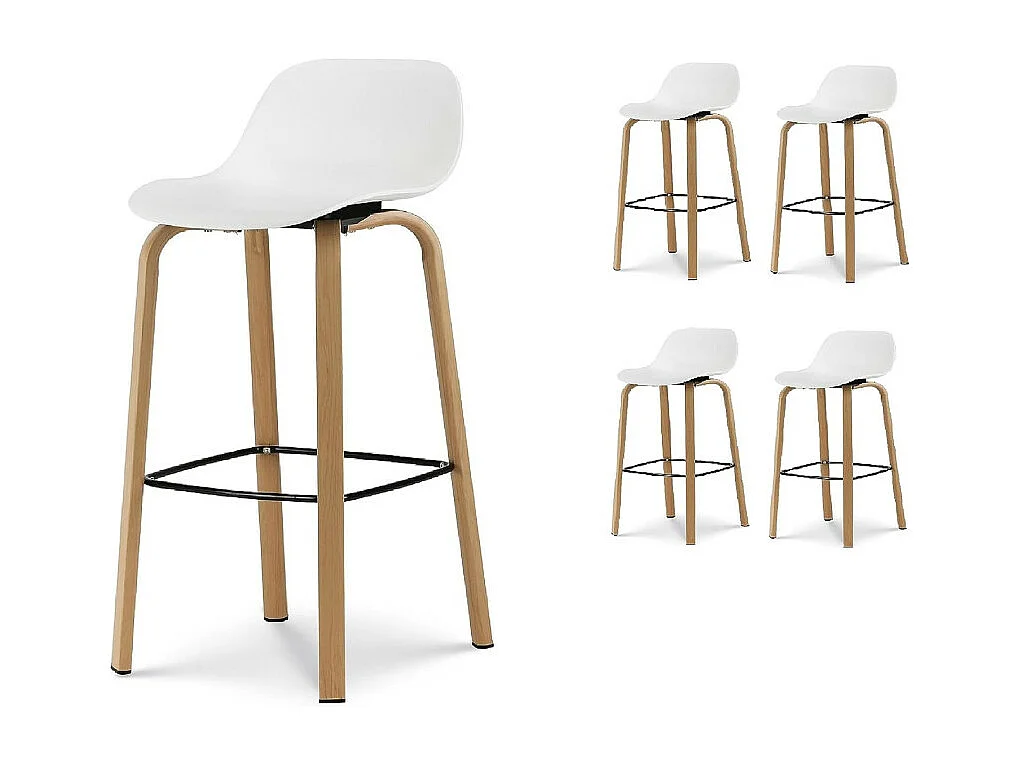 Lot de 4 tabourets de bar blancs style scandinave avec pieds effet bois en métal - Hauteur 66cm
