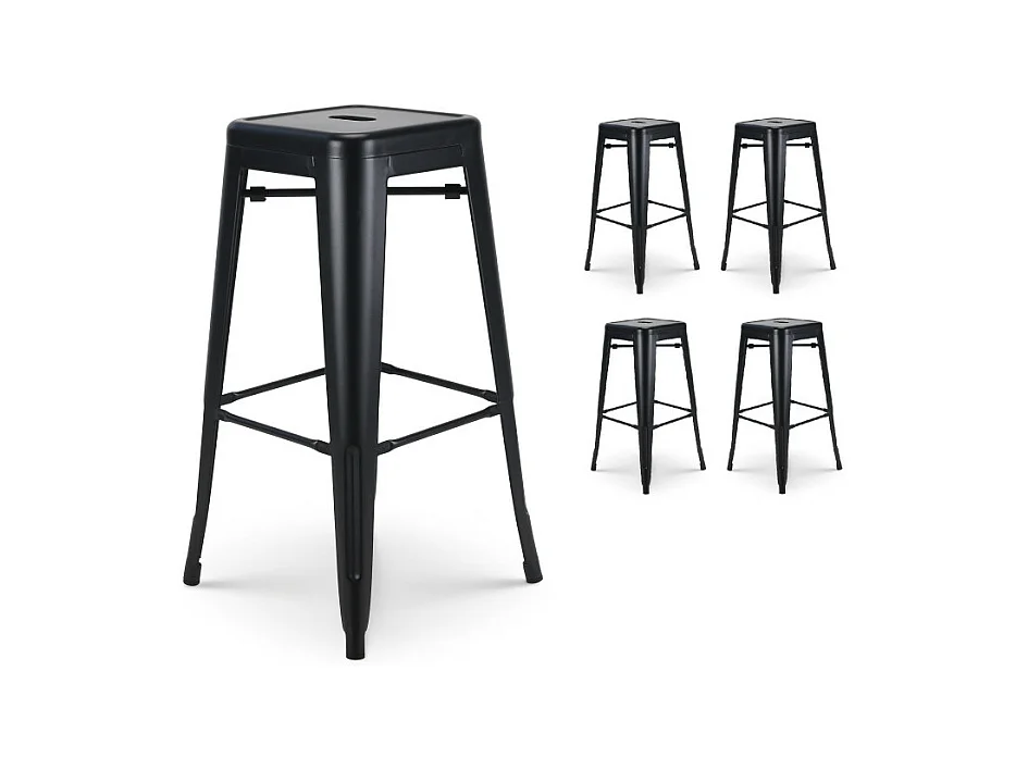 Lot de 4 tabourets de bar en métal noir mat style industriel - Hauteur 76 cm
