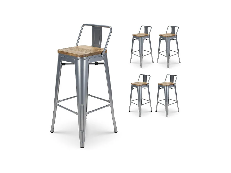 Lot de 4 tabourets de bar en métal gris silver aspect brillant style industriel