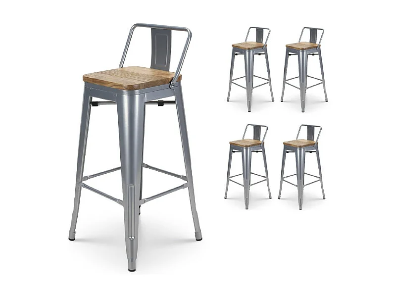 Lot de 4 tabourets de bar en métal gris silver aspect brillant style industriel