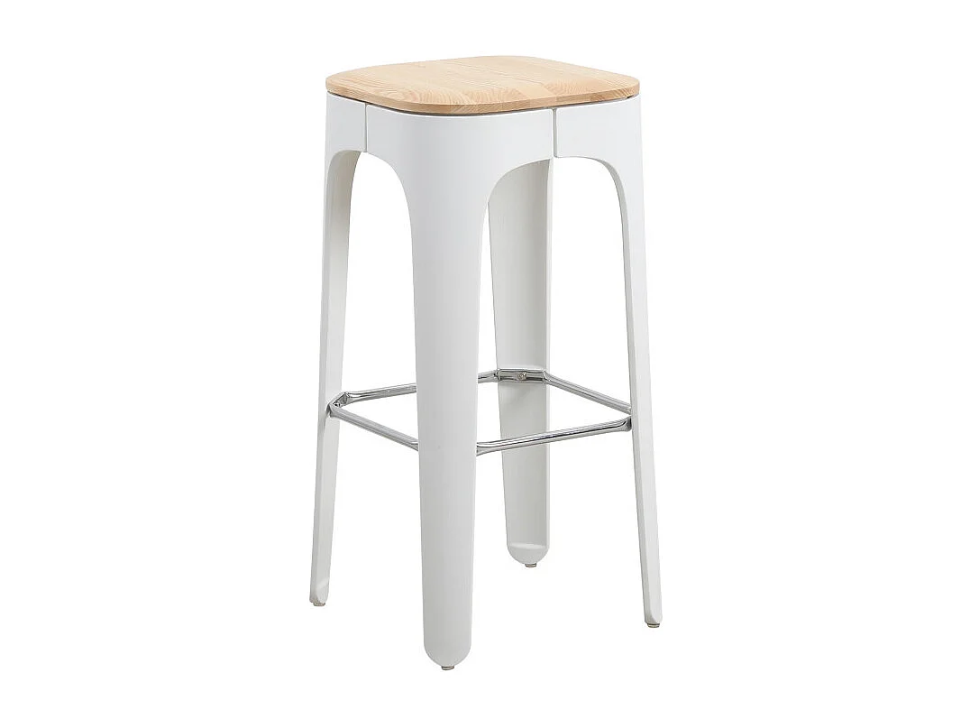 Tabouret structure blanche en résine, assise en bois clair - Hauteur 72,5 cm
