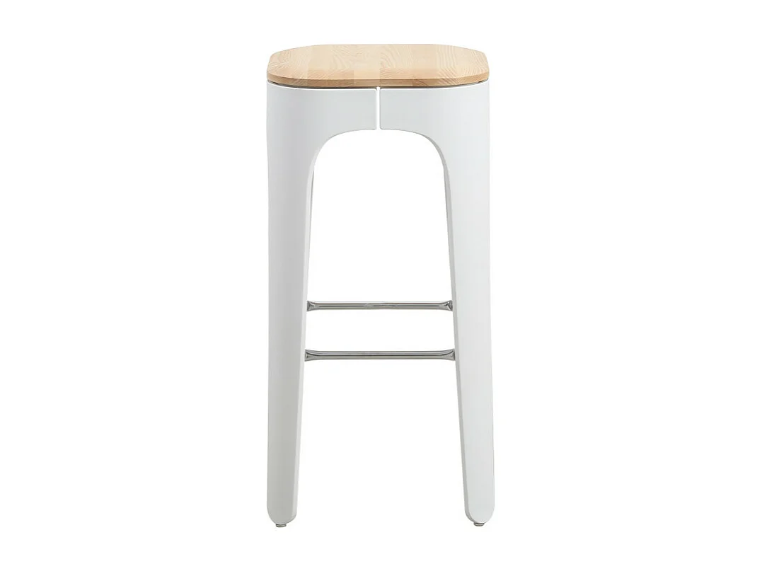 Tabouret structure blanche en résine, assise en bois clair - Hauteur 72,5 cm
