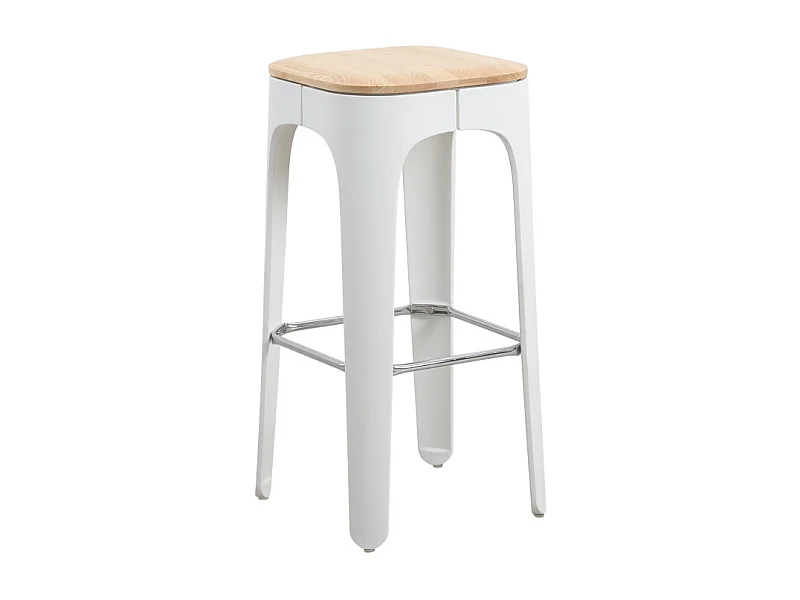 Tabouret structure blanche en résine, assise en bois clair - Hauteur 72,5 cm