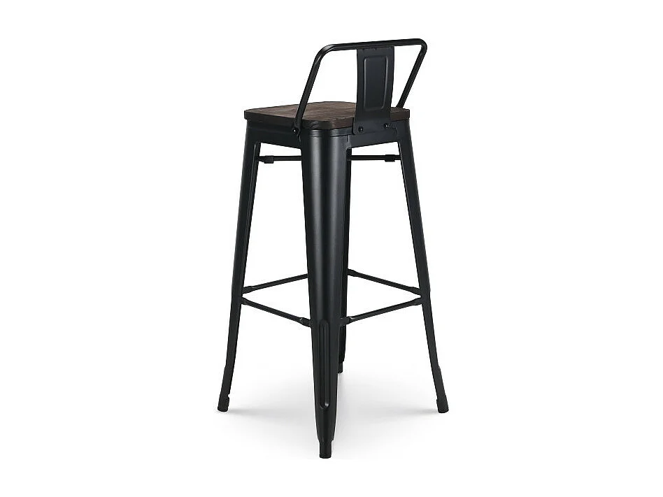 Tabouret de bar en métal noir mat style industriel avec dossier et assise en bois foncé - Hauteur 76 cm