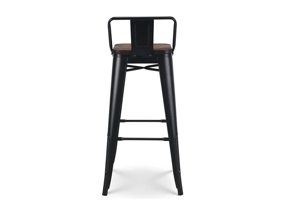 Tabouret de bar en métal noir mat style industriel avec dossier et assise en bois foncé - Hauteur 76 cm