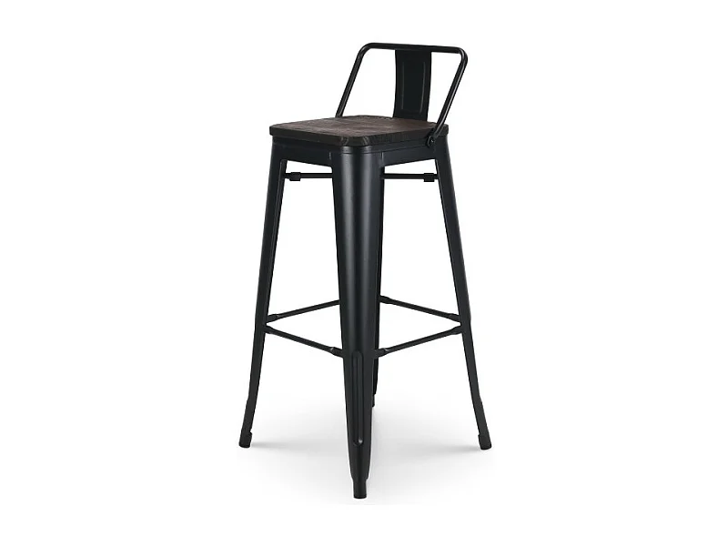 Tabouret de bar en métal noir mat style industriel avec dossier et assise en bois foncé - Hauteur 76 cm