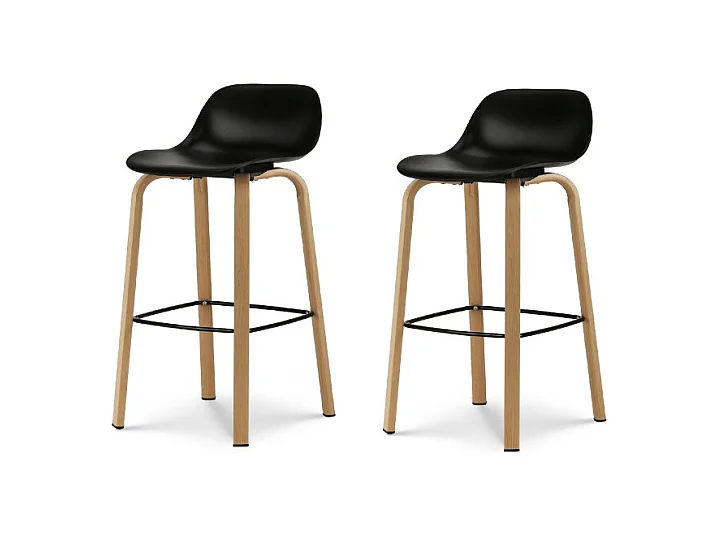Lot de 2 tabourets de bar noir style scandinave avec pieds effet bois en métal - Hauteur 76cm