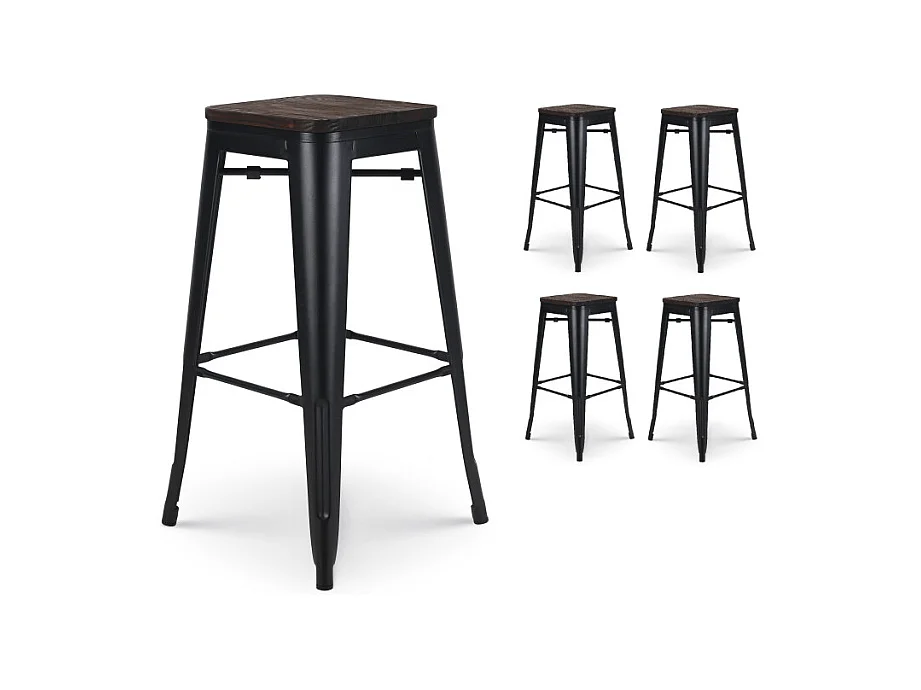 Lot de 4 tabourets de bar en métal noir mat style industriel et assise en bois foncé - Hauteur 76 cm