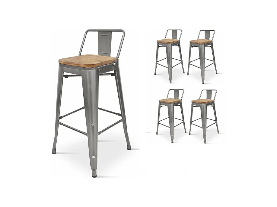 Lot de 4 tabourets style industriel avec dossier en métal brut aspect galvanisé et assise en bois clair - Hauteur 76 cm