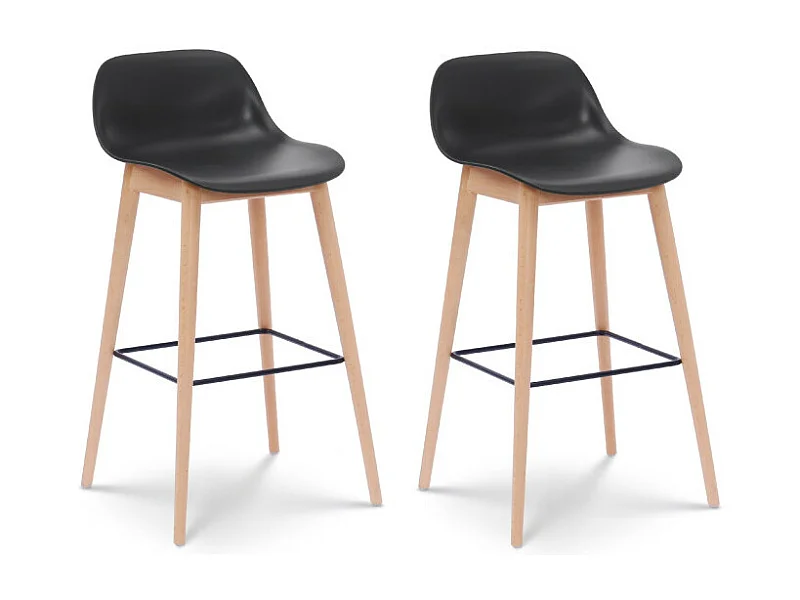 Lot de 2 tabourets de bar noirs style scandinave avec pieds en bois naturel - Hauteur 76 cm