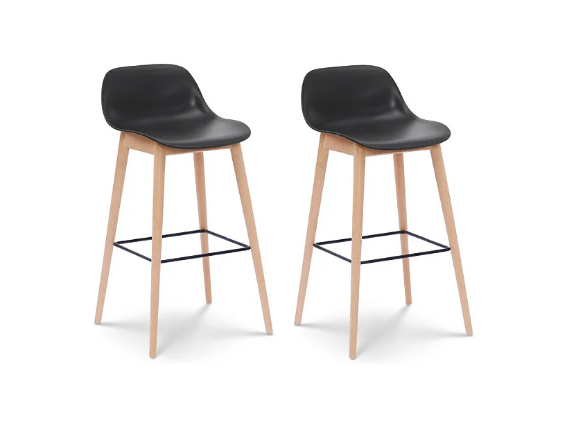 Lot de 2 tabourets de bar noirs style scandinave avec pieds en bois naturel - Hauteur 76 cm
