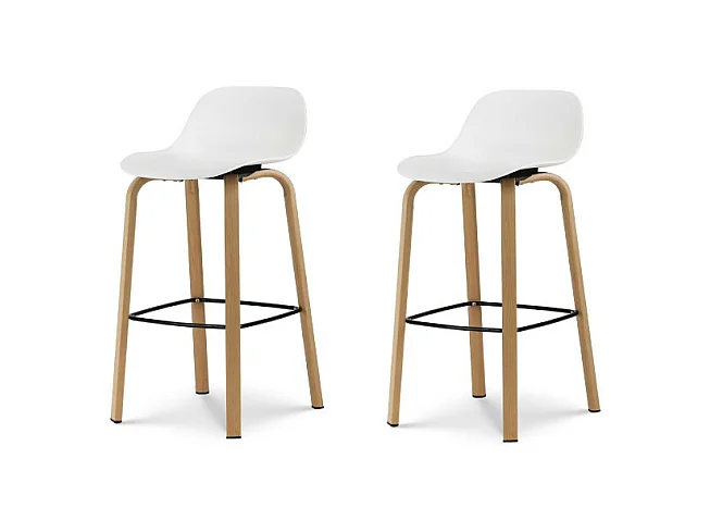 Lot de 2 tabourets de bar blancs style scandinave avec pieds effet bois en métal - Hauteur 66cm
