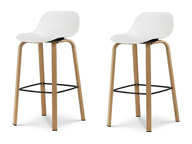 Lot de 2 tabourets de bar blancs style scandinave avec pieds effet bois en métal - Hauteur 66cm