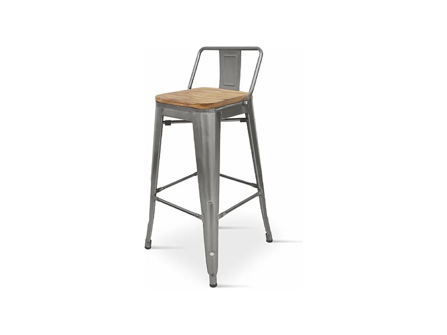 Tabouret de bar style industriel avec dossier en métal brut aspect galvanisé et assise en bois clair - Hauteur 76 cm