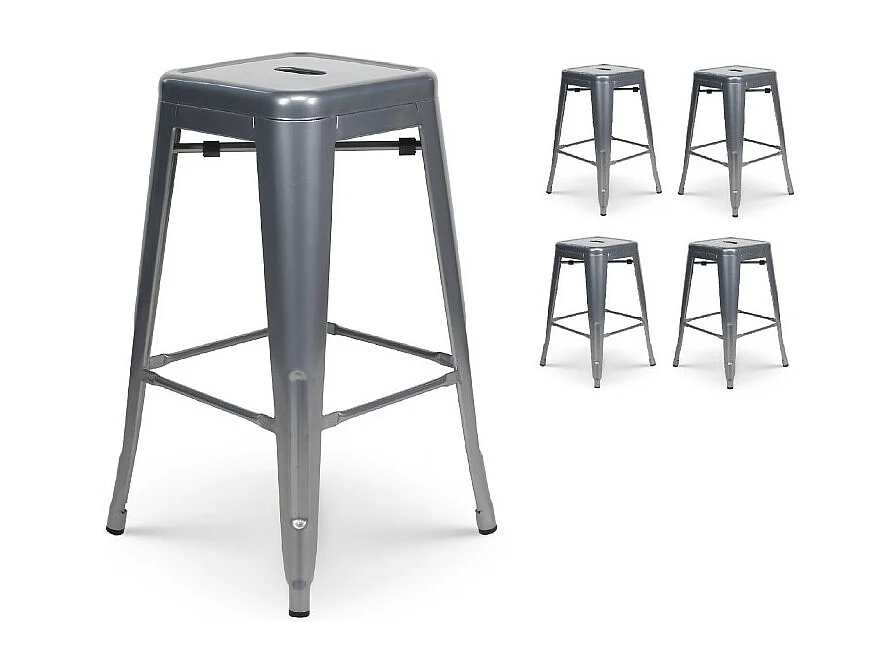 Lot de 4 tabourets de bar en métal gris argenté brillant style industriel - Hauteur 66 cm