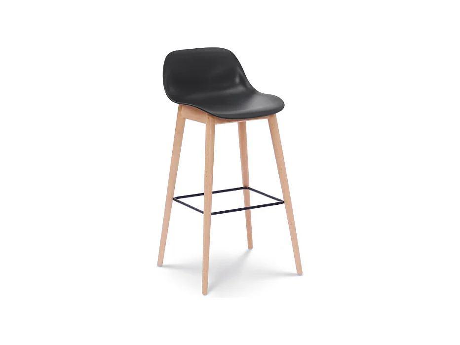 Tabouret de bar noir style scandinave avec pieds en bois naturel - Hauteur 76 cm