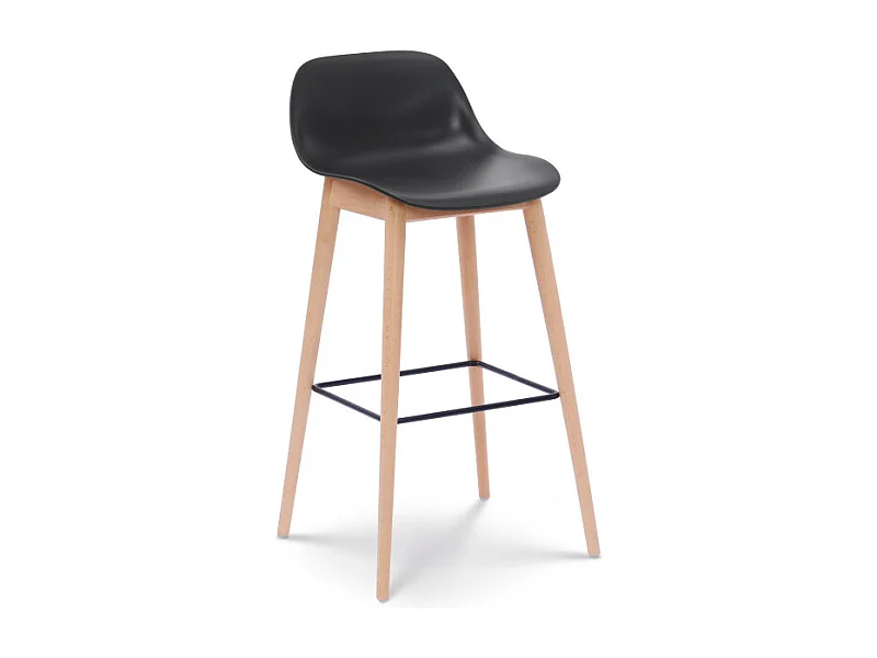 Tabouret de bar noir style scandinave avec pieds en bois naturel - Hauteur 76 cm