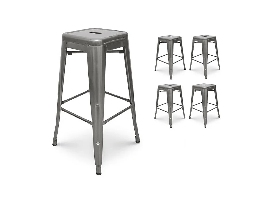 Lot de 4 tabourets de bar en métal brut aspect galvanisé style industriel - Hauteur 76 cm